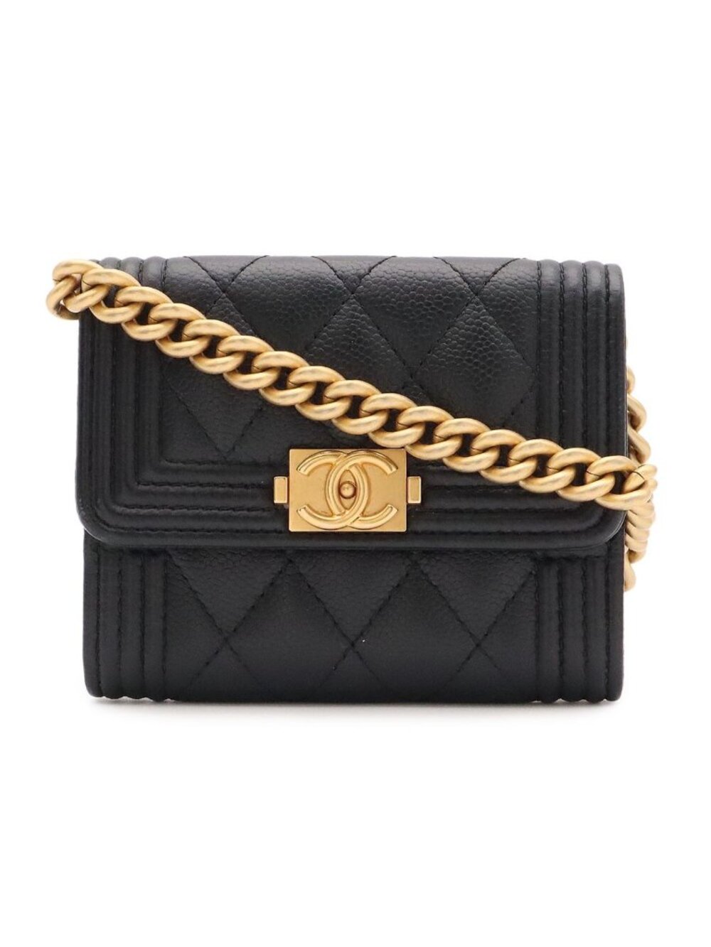 Chanel Boy Quilted CC Logo Mini Chain Wallet Shoulder Bag Caviar Leather Black